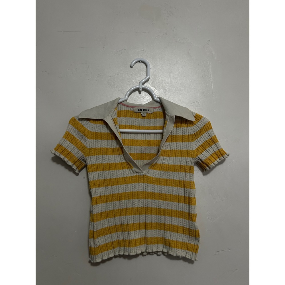 Boden Womens Yellow White Striped Knit Polo V-Neck Short Sleeve Top Size S